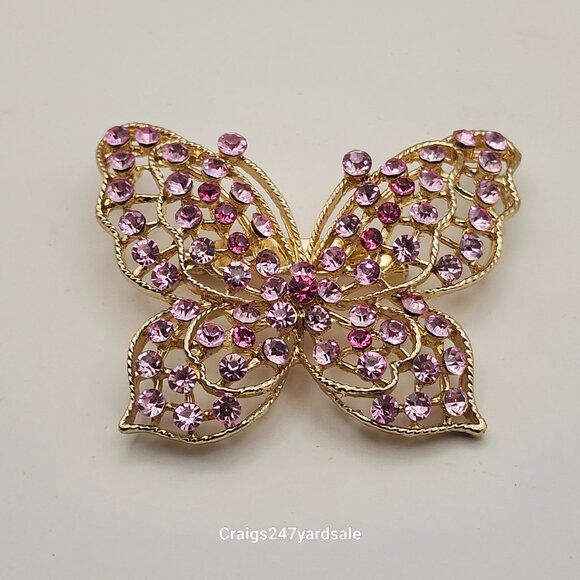 Betsey Johnson Butterfly Pin Brooch Gold Tone Purple Rhinestones - Picture 4 of 5